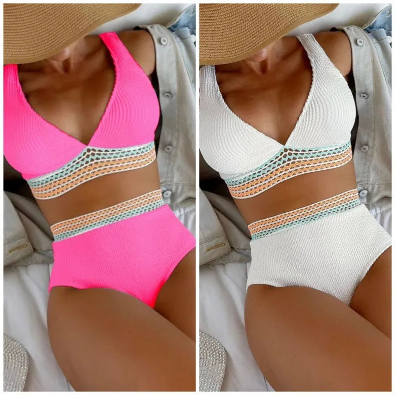 Women's high waist solid colour bikini set in white or pink