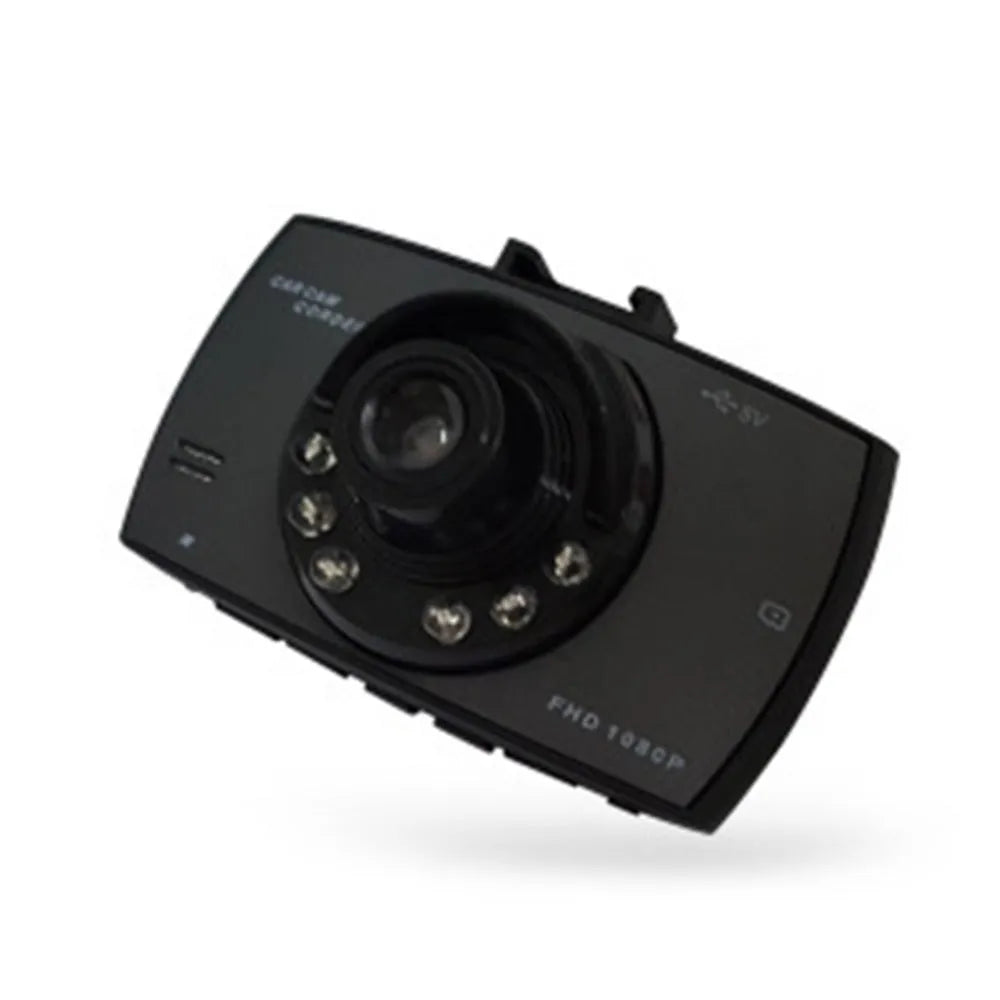 Compact black 1080P night vision dash camera with wide-angle lens mounted on car windscreen