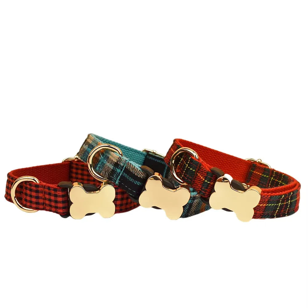 Flat fabric printed grid pattern nylon dog collar with adjustable bone buckle fastener