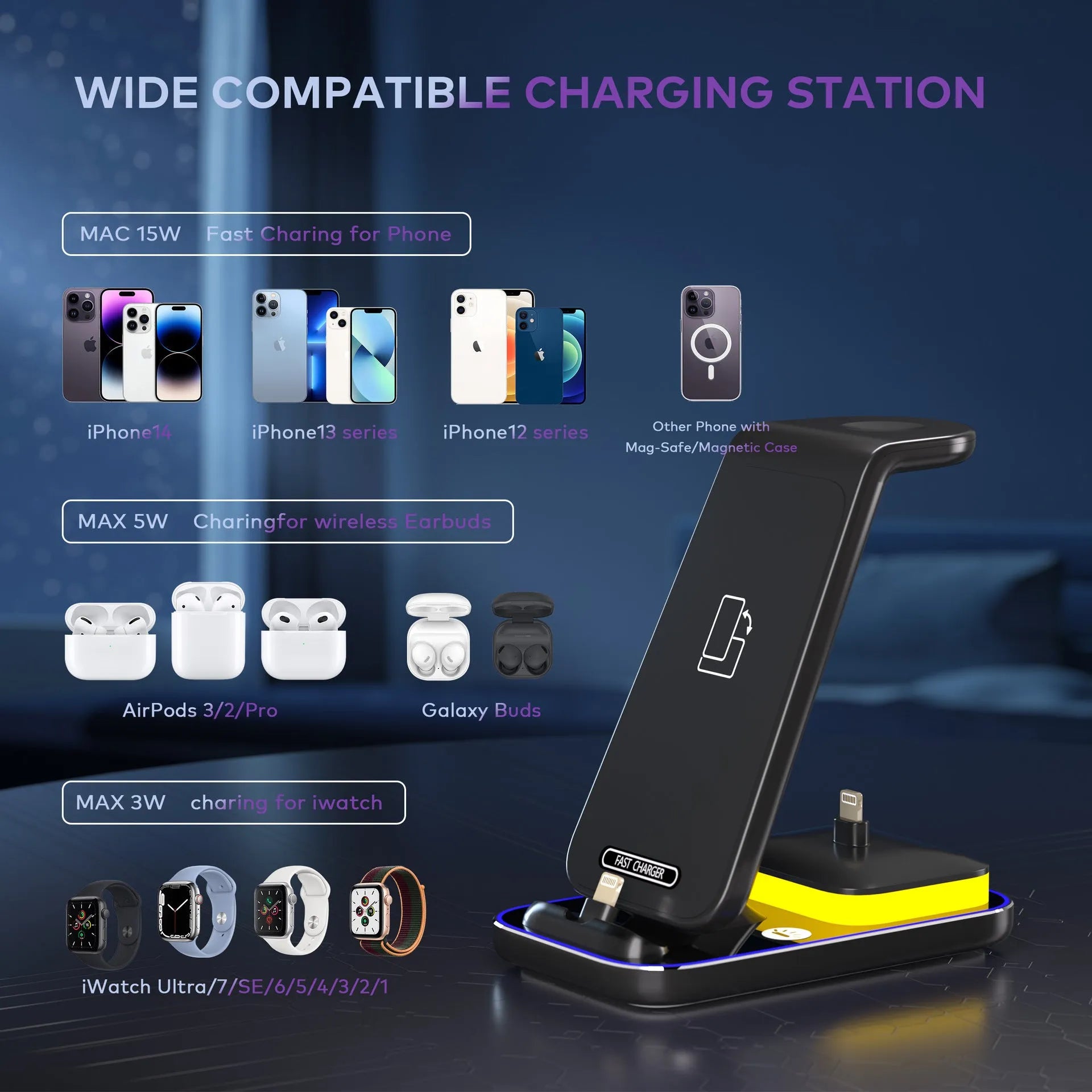 Black vertical wireless charger with a phone and smartwatch charging on it