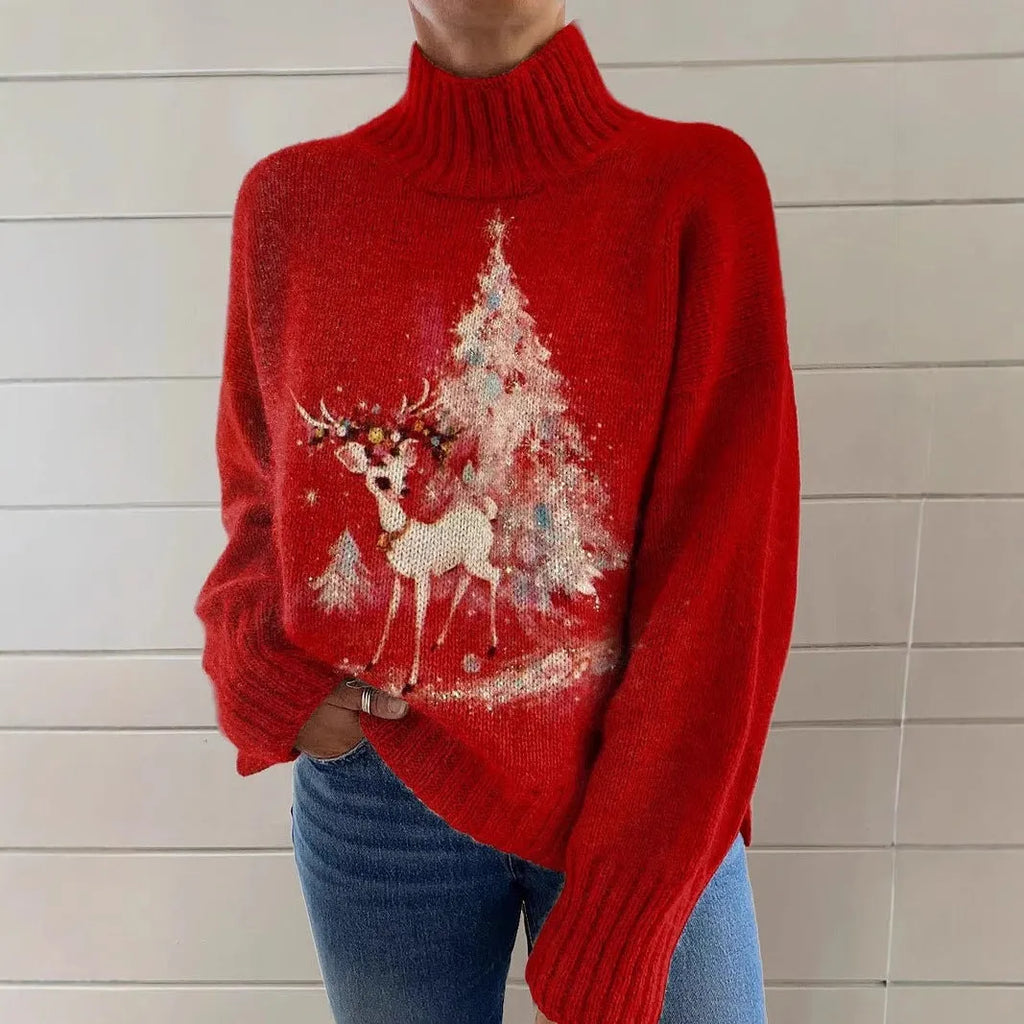 Women's printed turtleneck sweater with painting pattern in macaron colours, loose fit with long sleeves