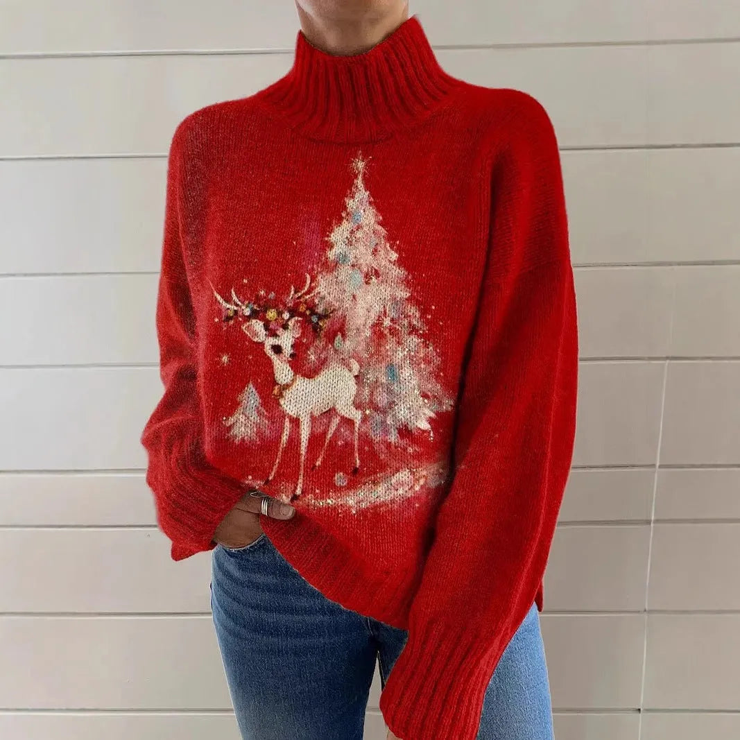 Women's printed turtleneck sweater with painting pattern in macaron colours, loose fit with long sleeves