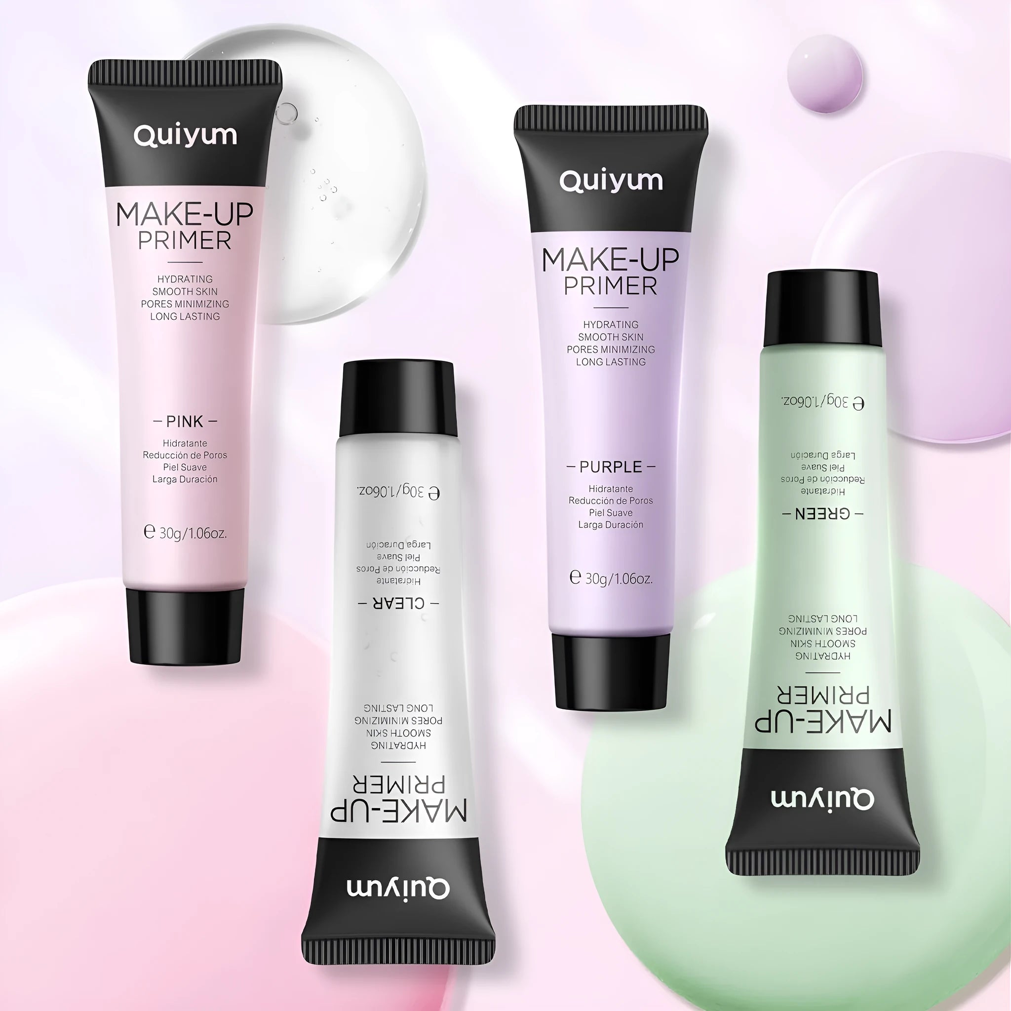 30g tube of colour-correcting makeup primer in purple, pink, and green shades