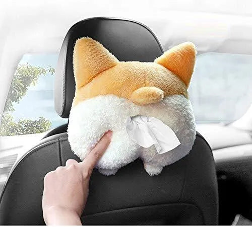 Yellow corgi butt-shaped tissue box cover with elastic back for car sun visor mounting