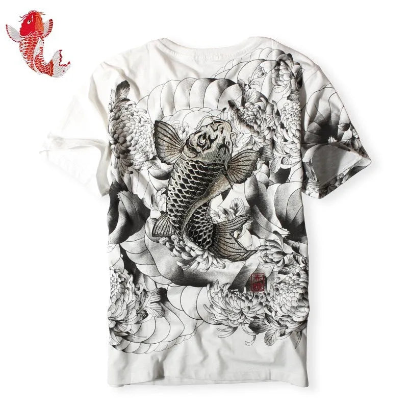Chinese style embroidery T-shirt with carp tattoo pattern, 100% cotton, loose fit, round neck, short sleeves, available in black and white