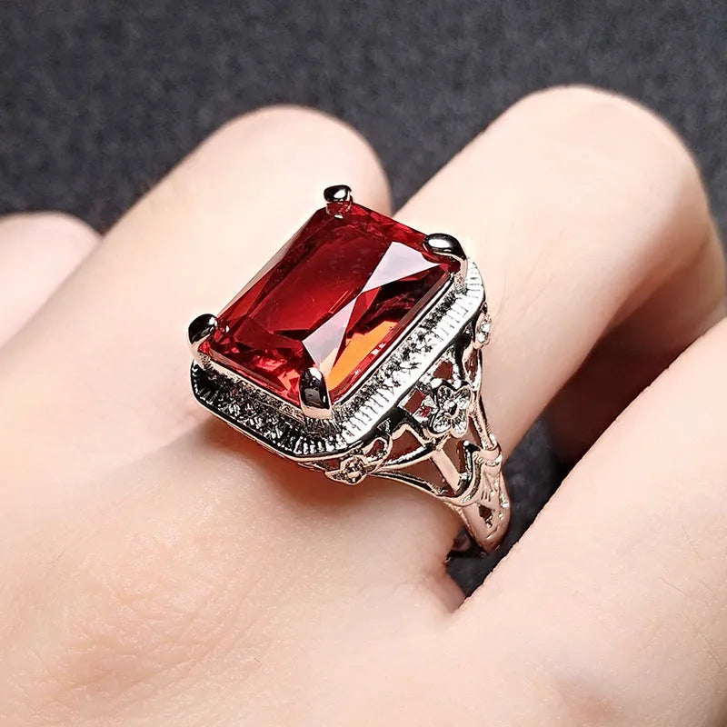Women's adjustable copper ring with pigeons-blood ruby or turquoise stone in geometry design