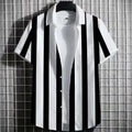 Man wearing a linen short-sleeve t-shirt with a raised 3D striped print on the chest.