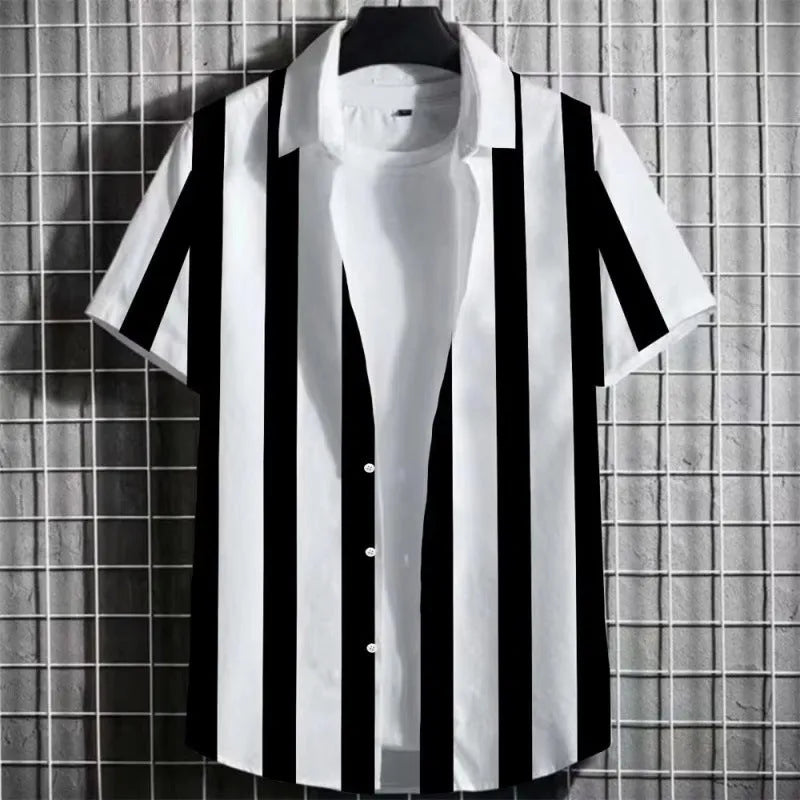 Man wearing a linen short-sleeve t-shirt with a raised 3D striped print on the chest.