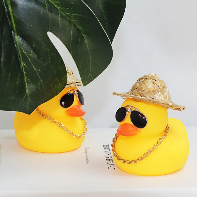 Cartoon yellow duck wearing straw hat car dashboard ornament with sunglasses necklace accessory