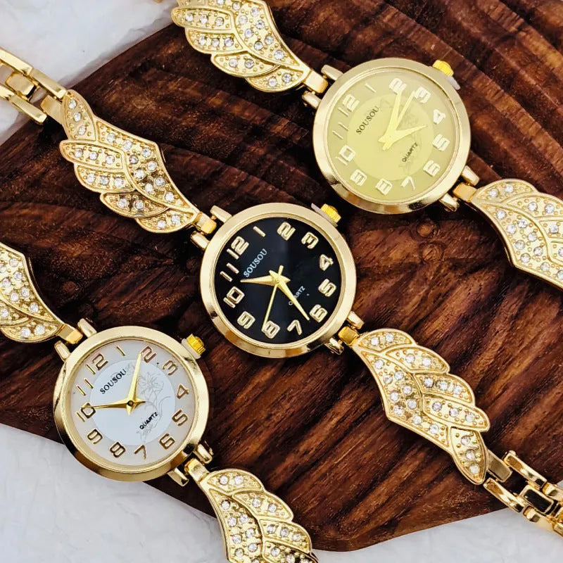 Women's stainless steel fashion watch with round dial showing gold surface option