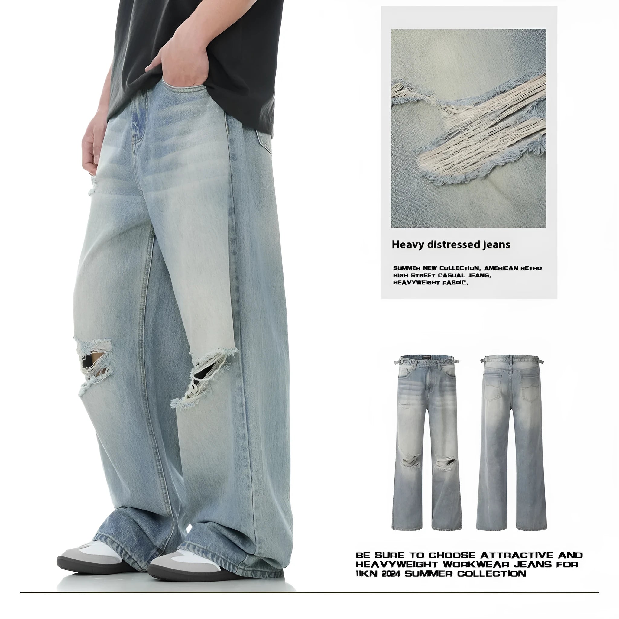 Blue straight-leg men's jeans with a zip fly, shown laid flat.