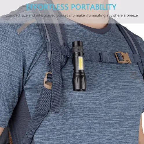 Black aluminium alloy telescopic LED flashlight with zoom adjustment and clip for carrying
