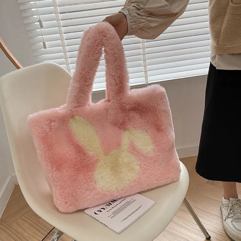Plush cartoon rabbit ears shoulder bag in solid colour with large capacity