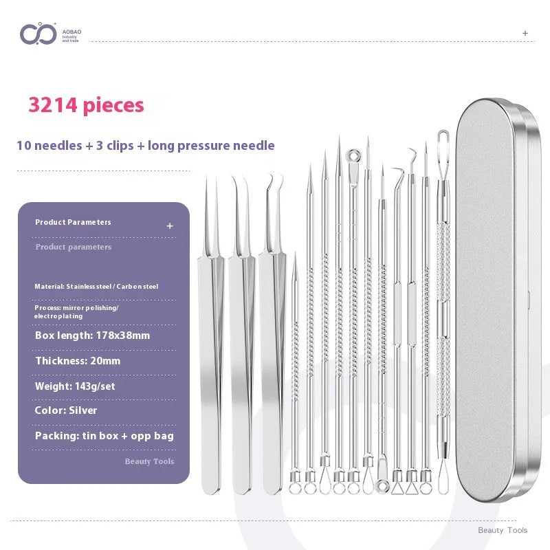 Four metal acne needles with ultra-fine pointed tips laid out in a set.