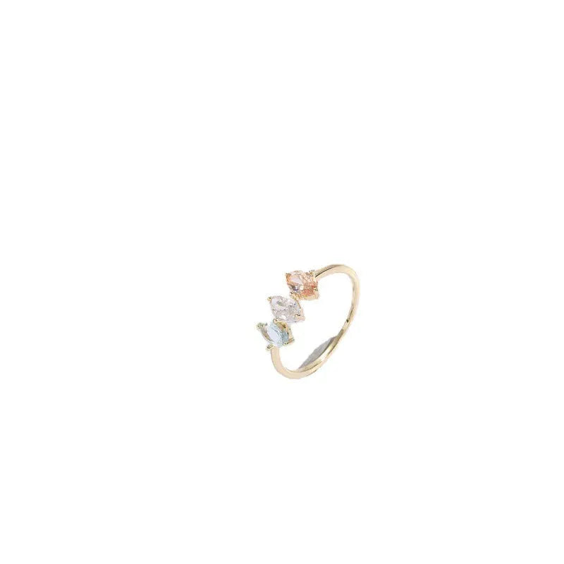 Geometric triangular copper women's ring with tricolour zircon stones and electroplated gold colour finish