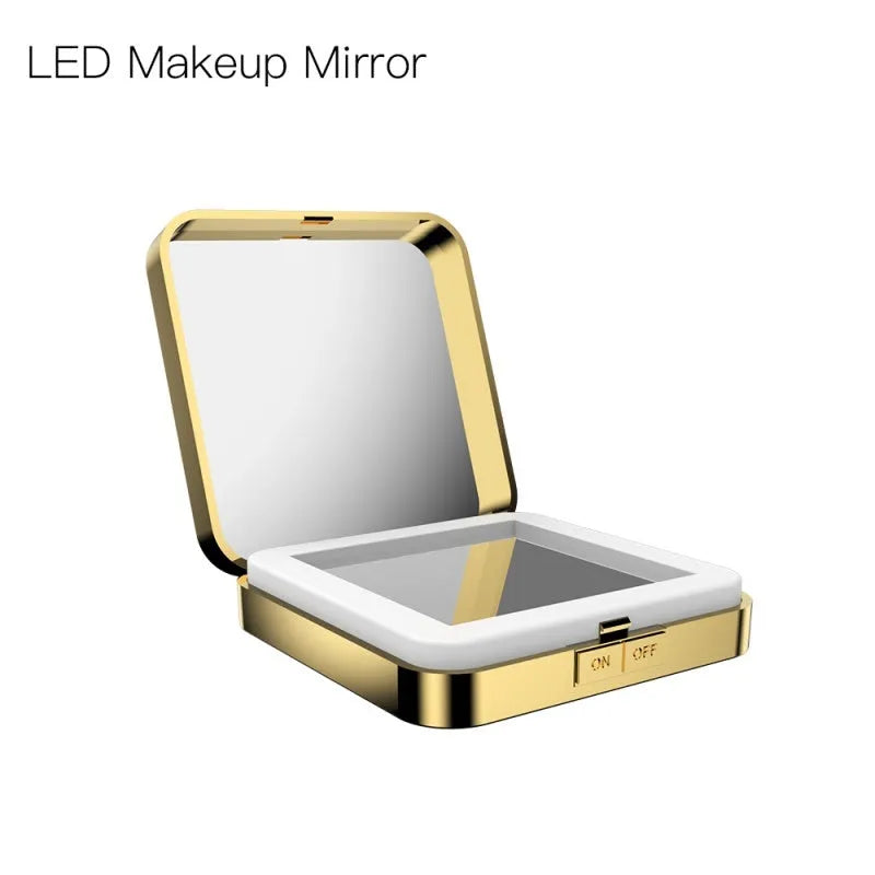 Black and white lighted makeup mirror showing 4x magnifying section and adjustable warm and cool lights.