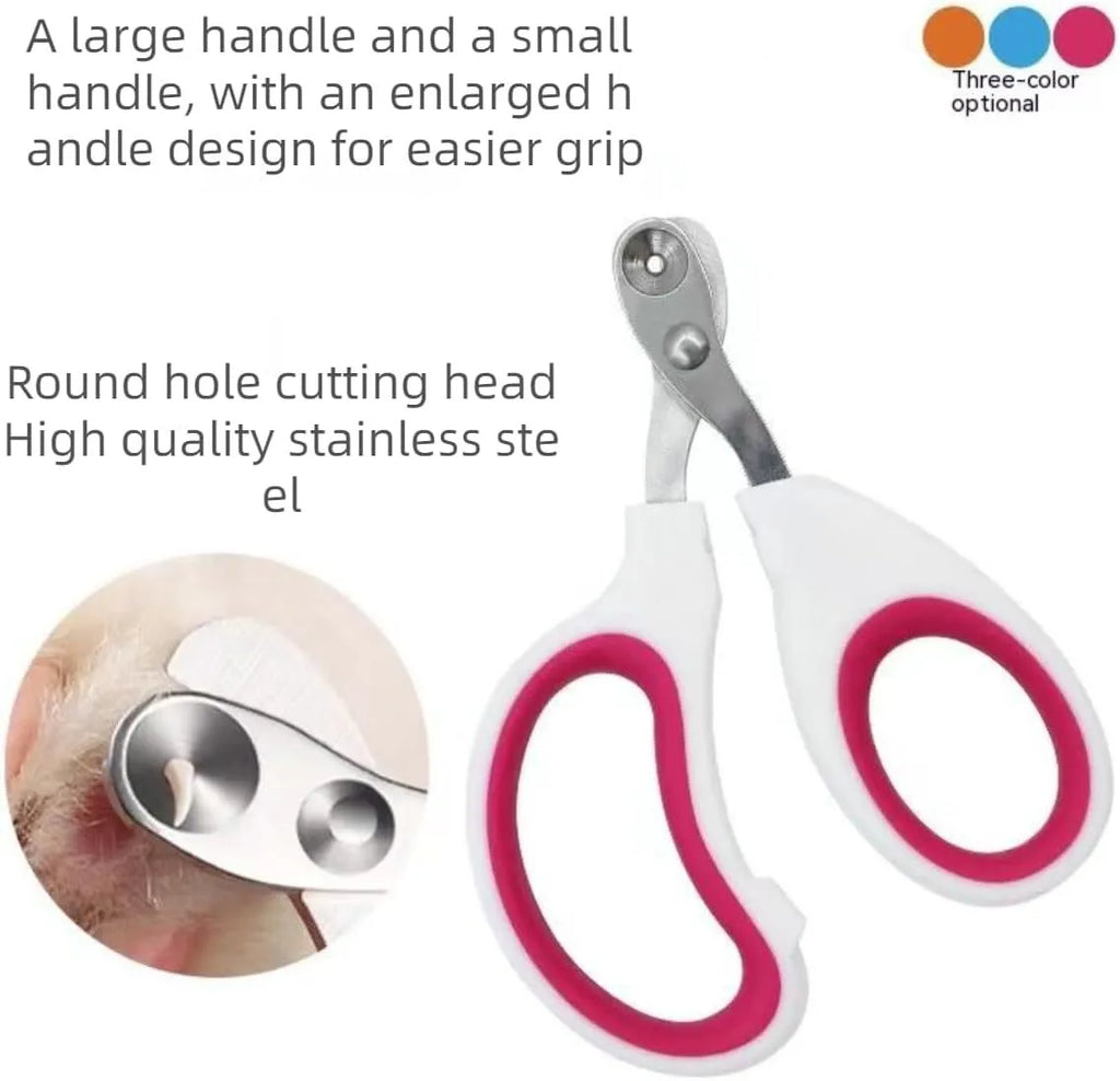 Blue professional cat nail clippers with a circular safety hole and cushioned non-slip handles.