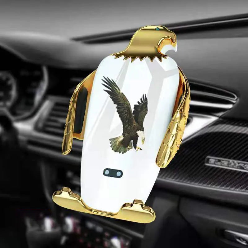 Eagle style wireless charging car phone holder with a suction cup mount in black and gold.