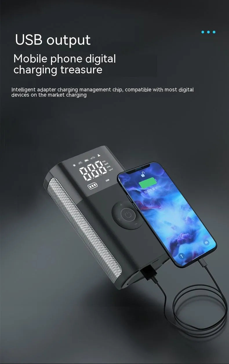 T2191-2 handheld wireless digital display air pump with LED light and multiple nozzle attachments on a table.