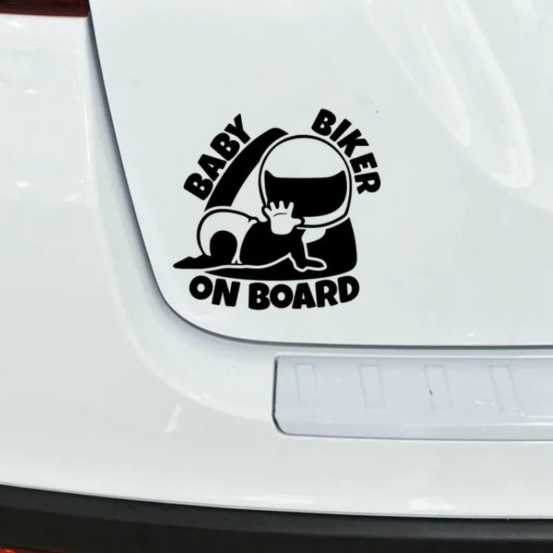 Black and white reflective Baby On Board warning sticker for car window measuring 14.5 by 15 cm.