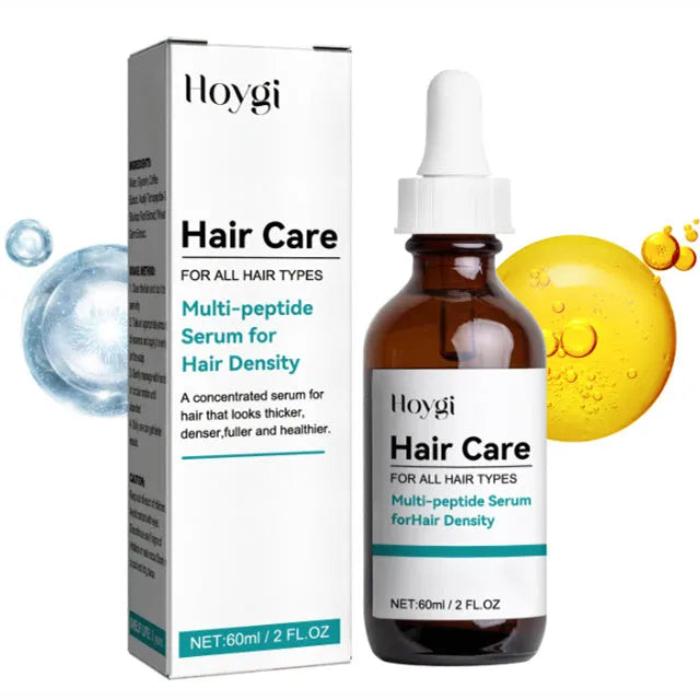 Multi-peptide serum for hair density in a 60ml bottle with black cap, shown against a light background.