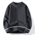 A man's grey loose-fit round-neck long-sleeve casual pullover sweater on a plain background.
