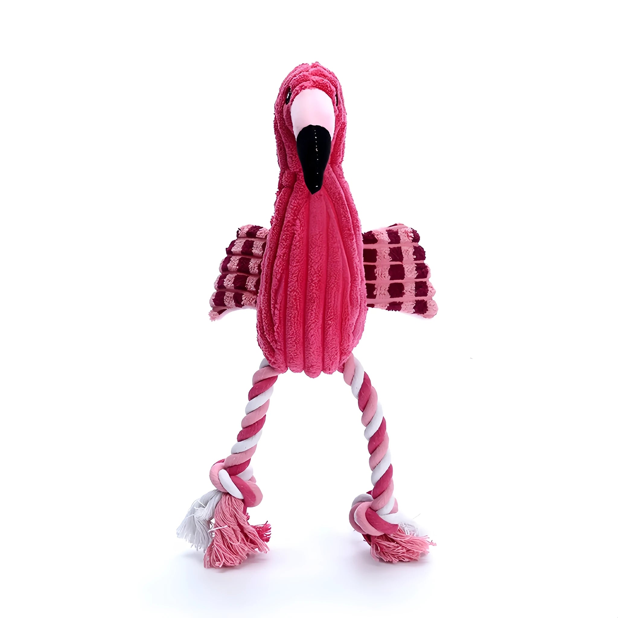 Colourful animal-shaped corduroy squeaky dog toy with reinforced stitching