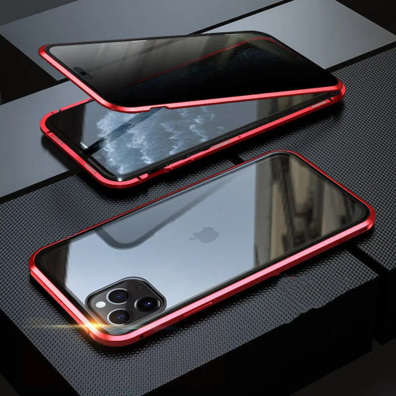 Geometric patterned glass clamshell privacy case for iPhone on a table.