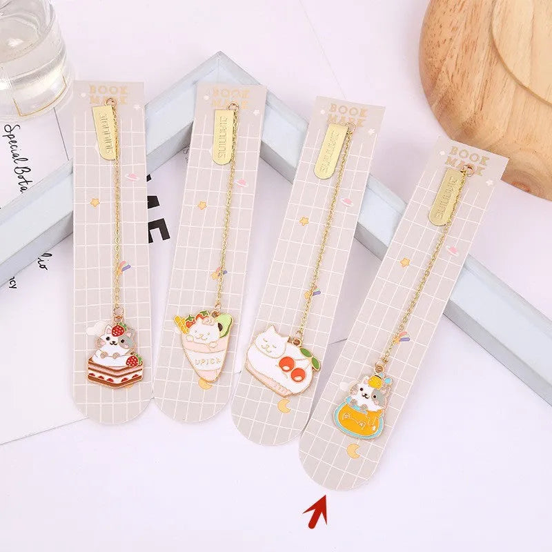 Jane Key Foodie Cute Pet Cat metal bookmark with cartoon pendant, shown in various colour designs.