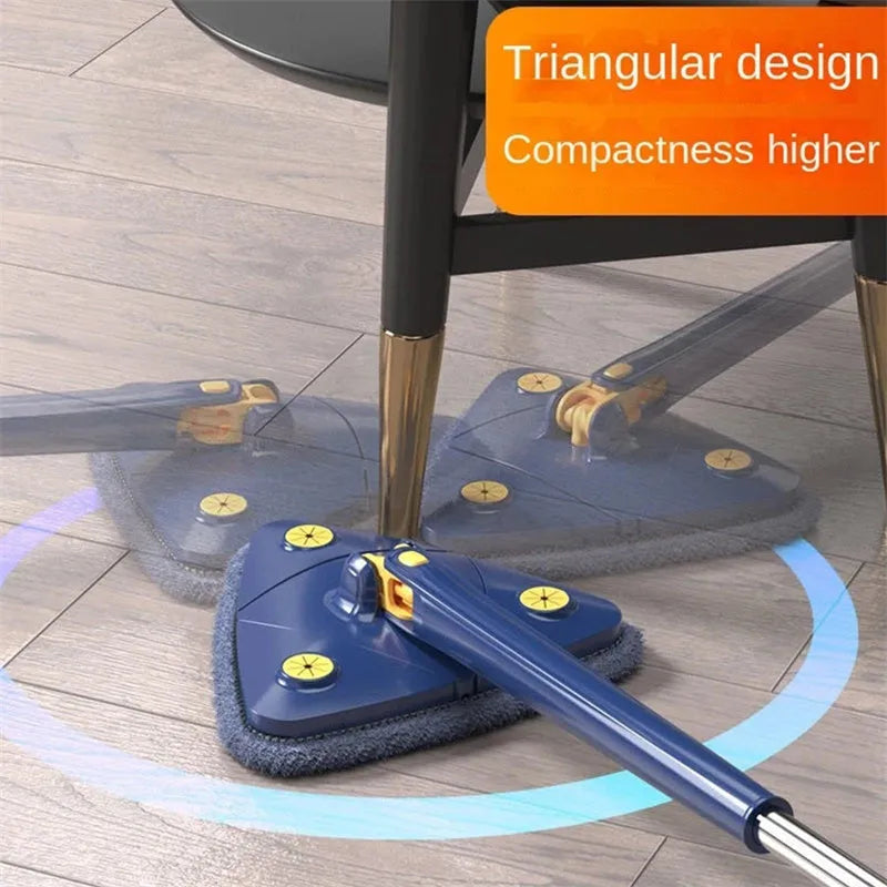 Blue extendable triangle mop with rotating head and microfibre cloth on a tiled floor.