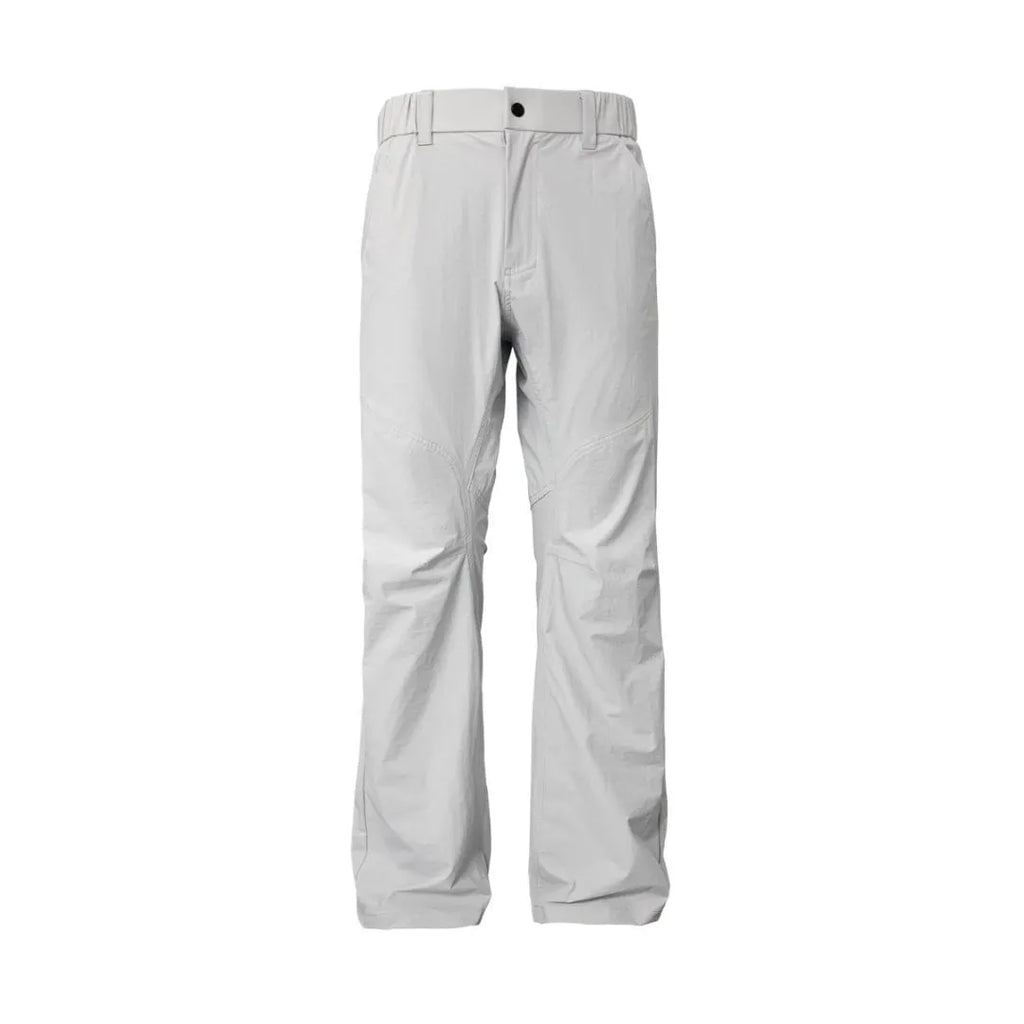 3D cut straight leg trousers with elastic waistband in five colour options showing contemporary deconstructed design