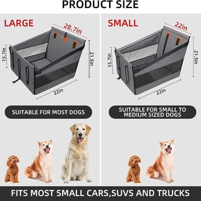 Grey raised cloth dog bed measuring 56cm square, suitable for medium-sized pets.