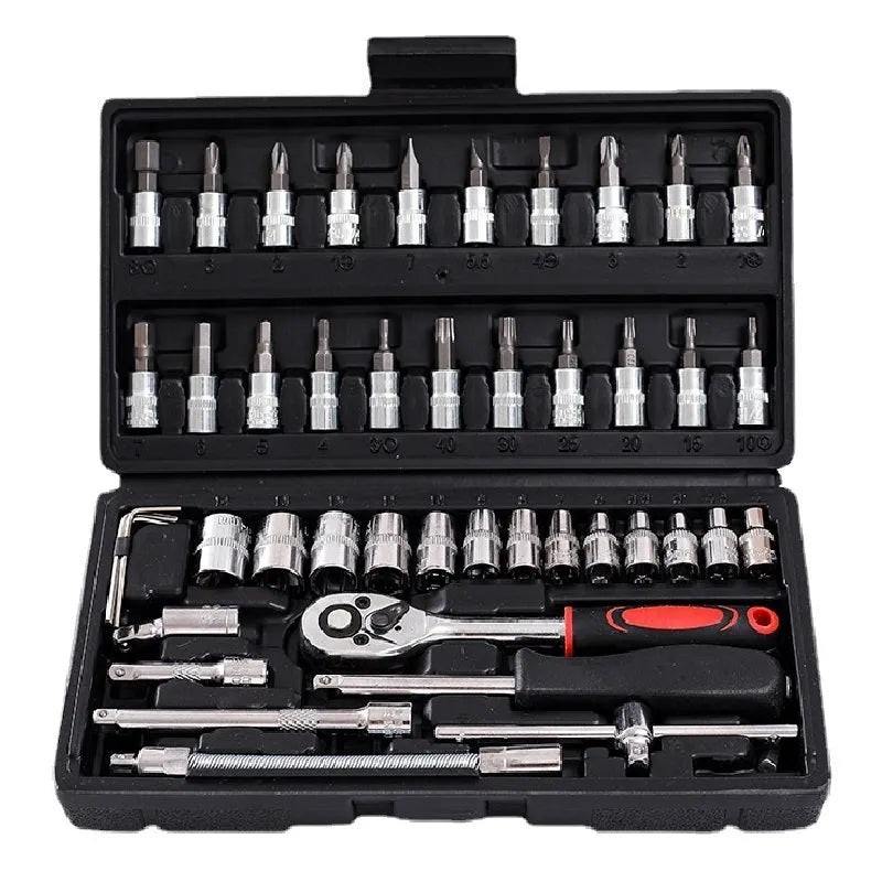 Socket ratchet wrench tool set with chromium vanadium steel construction for home and auto repair