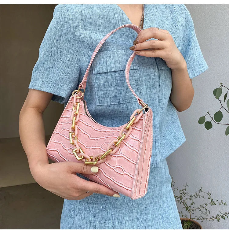 Fashion stone texture shoulder bag with chain in horizontal square shape