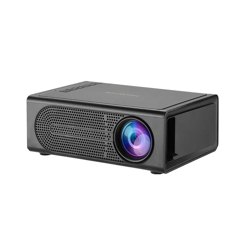 Black or white portable mini projector with wired mobile phone connection showing 320x240 resolution specification