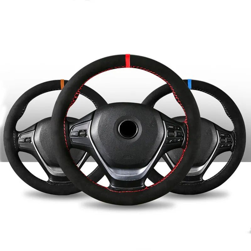 Black and red suede steering wheel cover fitted on a 38cm diameter car wheel.