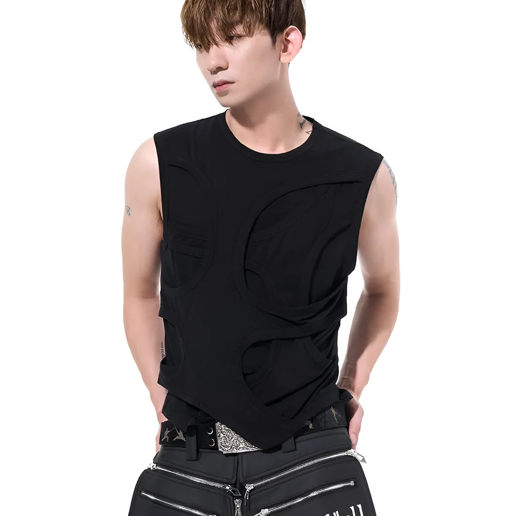 Men's solid colour lyocell vest tank top on a hanger, showing round neck collar.