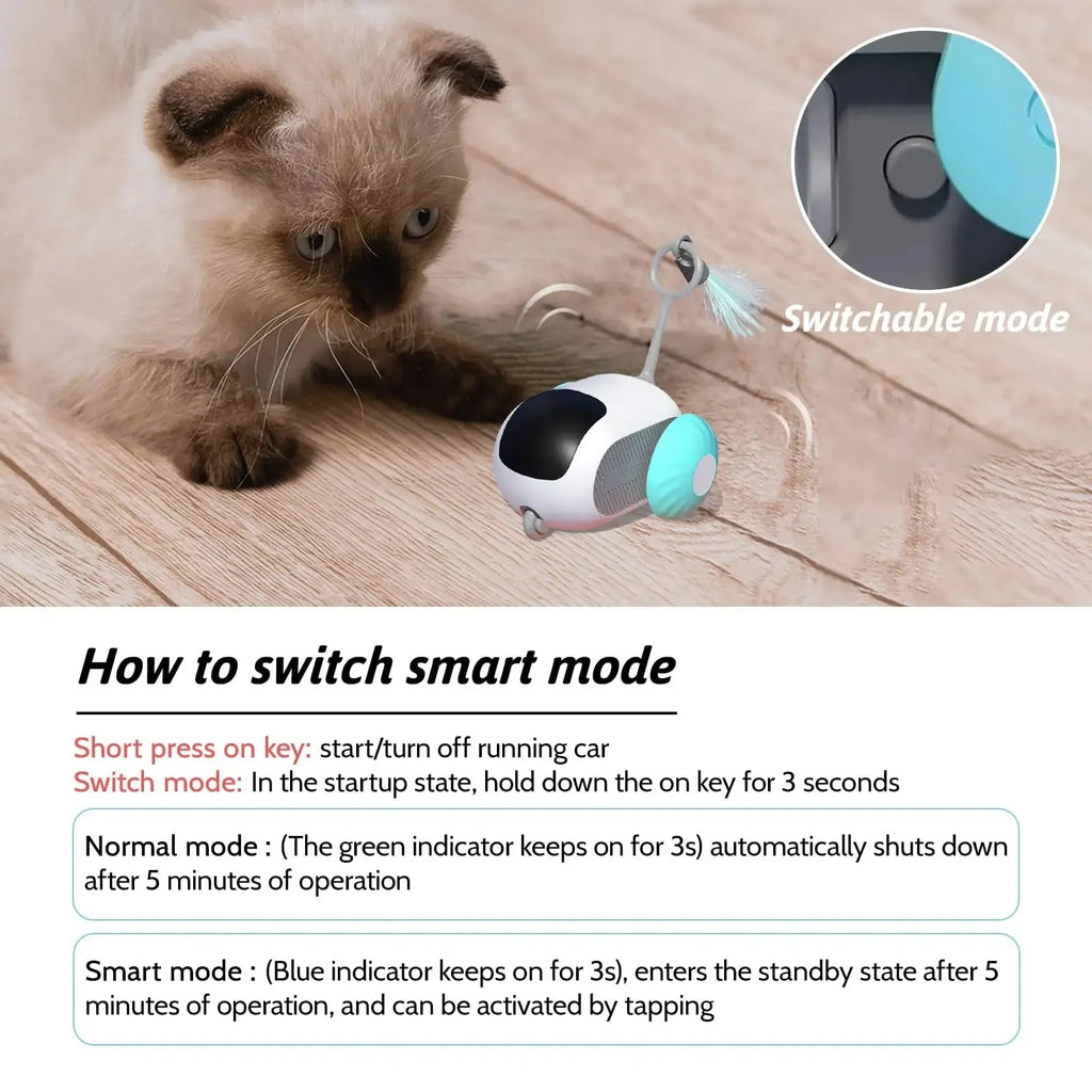 Blue smart cat toy car with feather teaser and remote control for interactive pet play