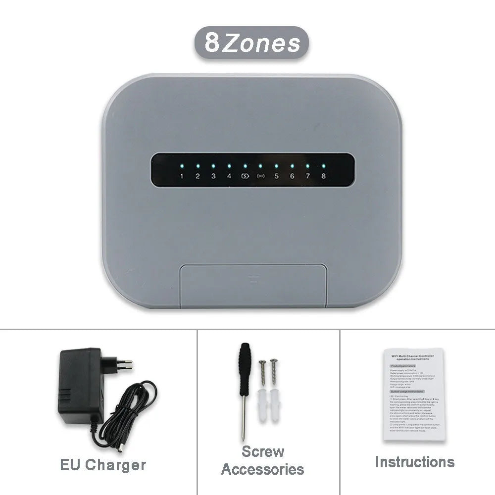 8-way smart water valve irrigation controller with wireless bridge, available in white green gray and black for EU garden use