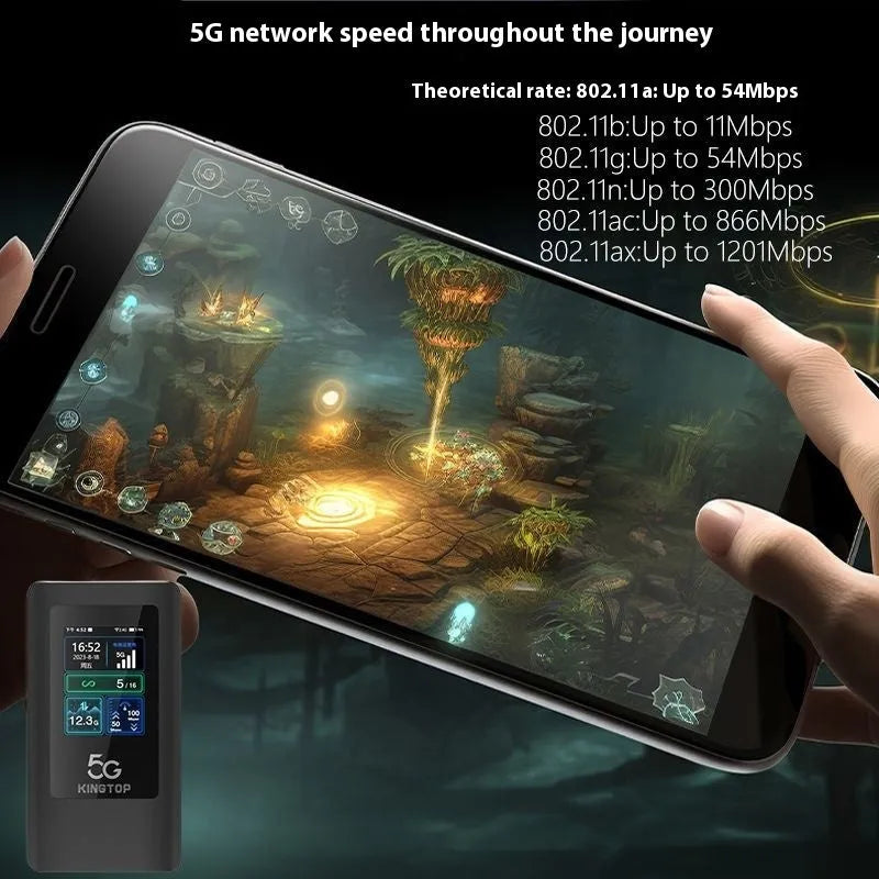 Black portable 5G WiFi router with LCD screen showing 4400mAh battery capacity and compact 125x70x17mm dimensions