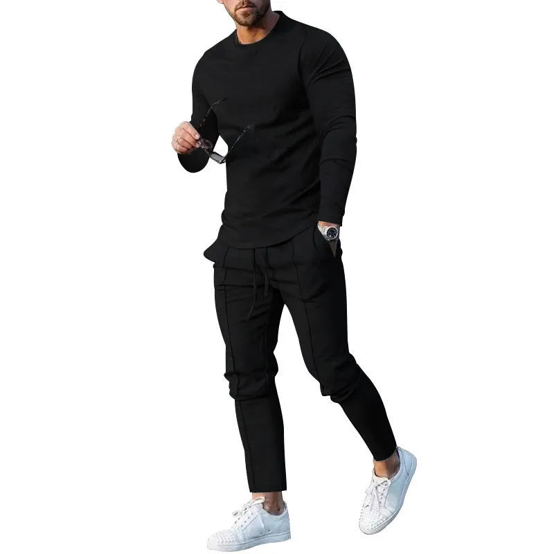 Men's light grey polyester two-piece suit with round-neck long sleeve T-shirt and trousers