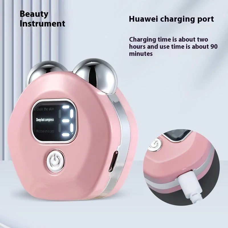 Portable micro current double-roller massage instrument with hot compress function in light blue colour