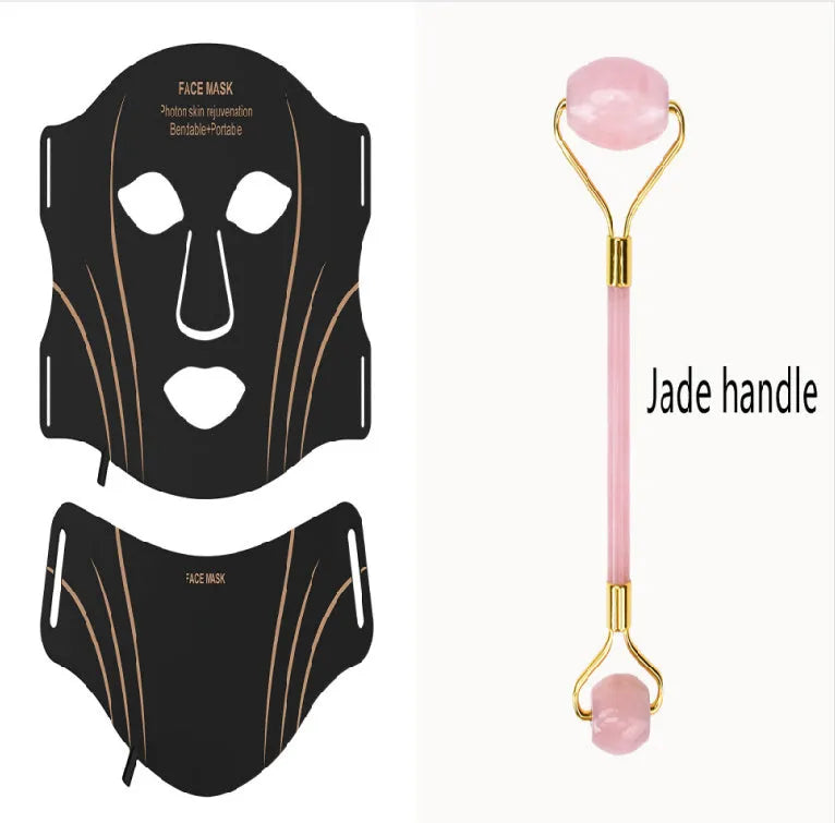 Black and gold silk silicone LED red light facial mask with headband and touch screen controls.