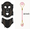 Black and gold silk silicone LED red light facial mask with headband and touch screen controls.
