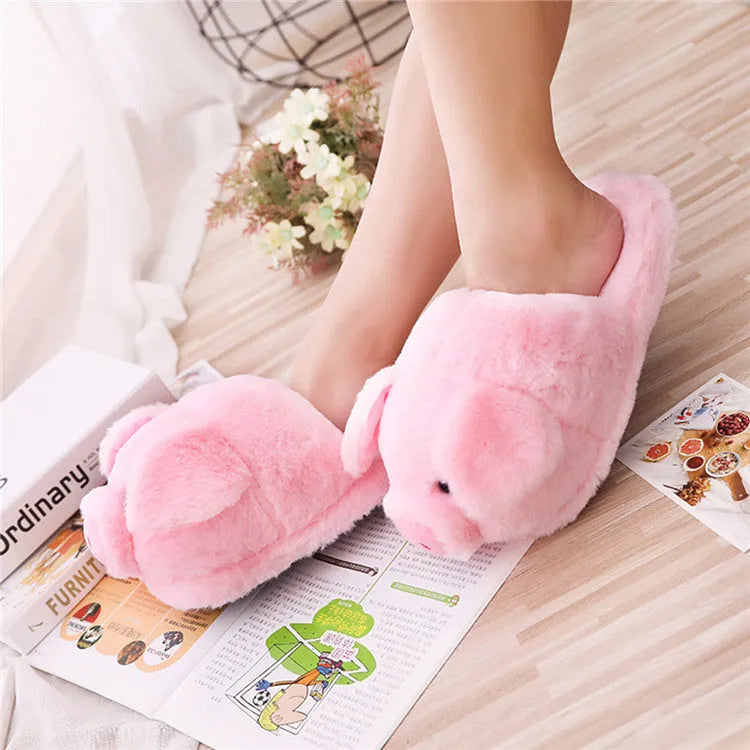 Pink pig floor slippers with short plush fabric and PP cotton filling showing size 36-39 options