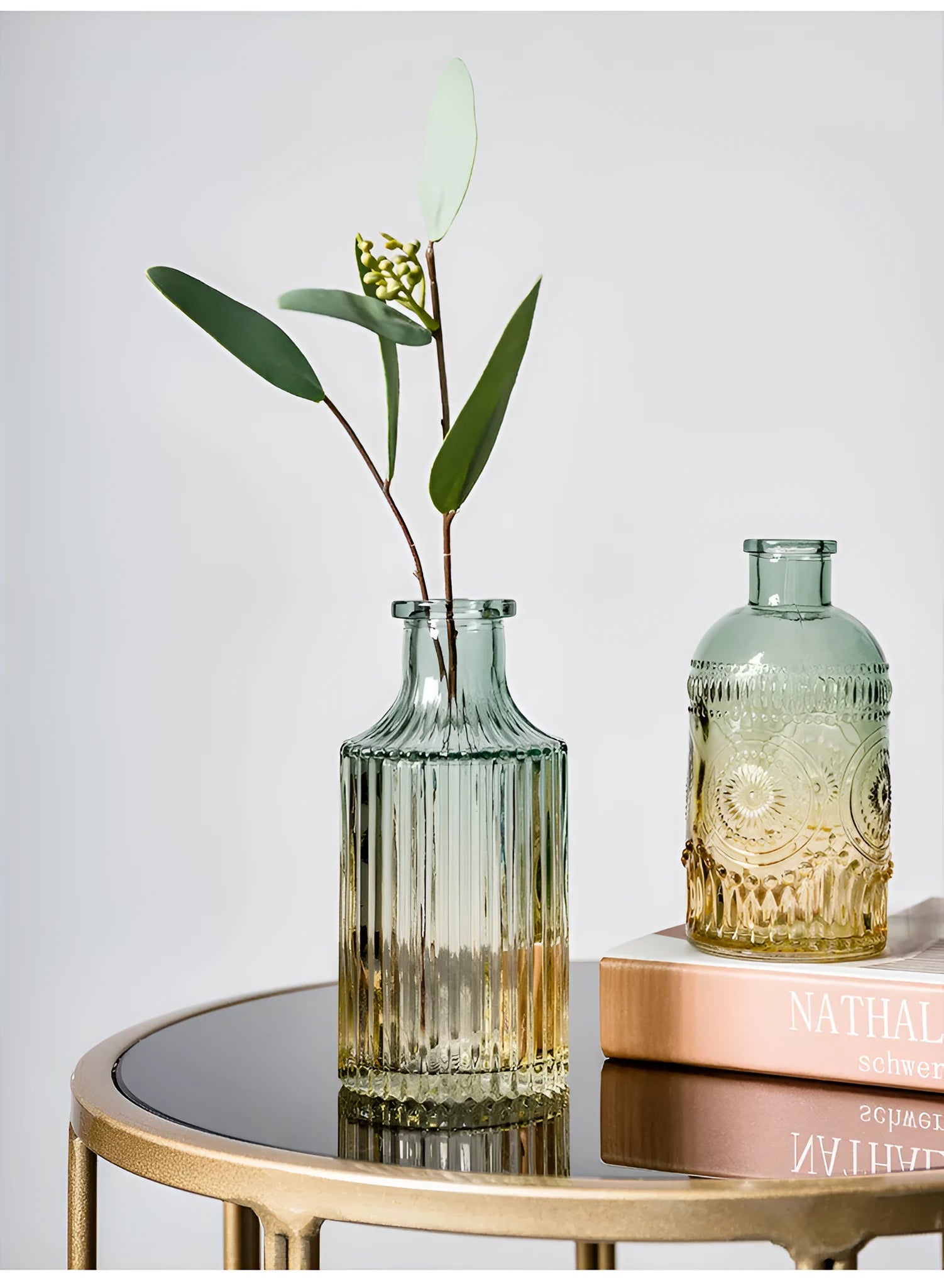 Electroplated colourful glass vase with thicker bottom, 7cm wide 22cm tall, on table