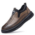 Men's black leather casual shoes with round toe on a plain background.