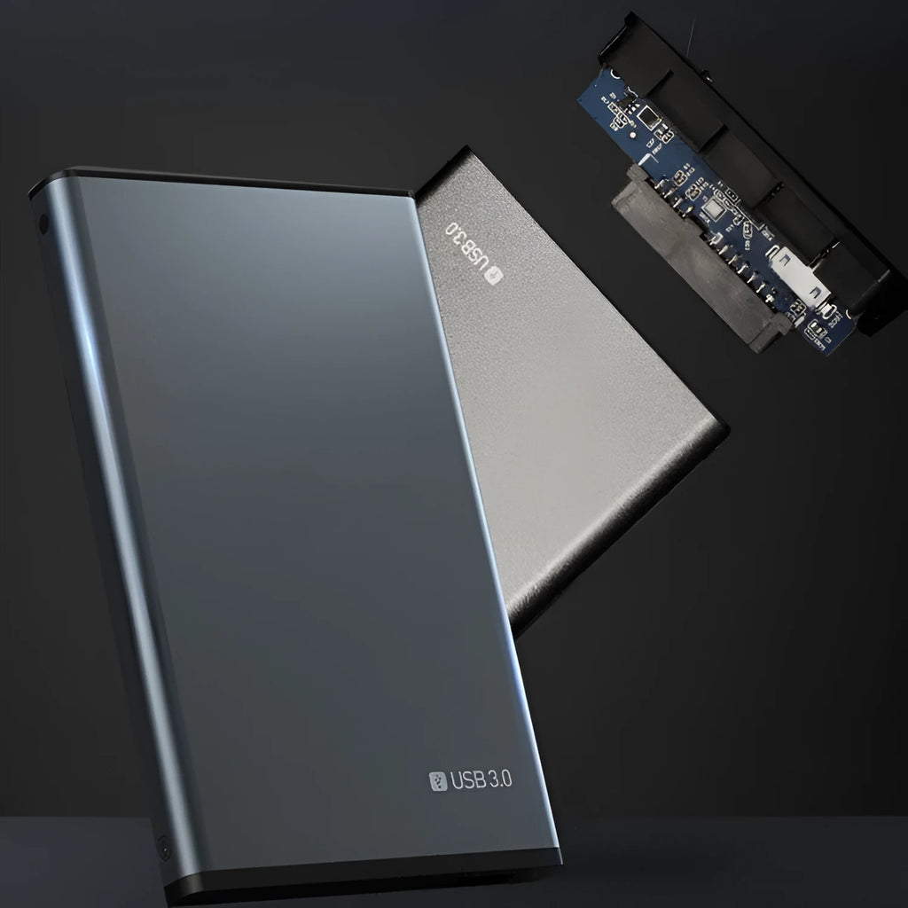 2.5 inch SATA hard drive box in aluminium alloy sandblasted grey finish with USB cable