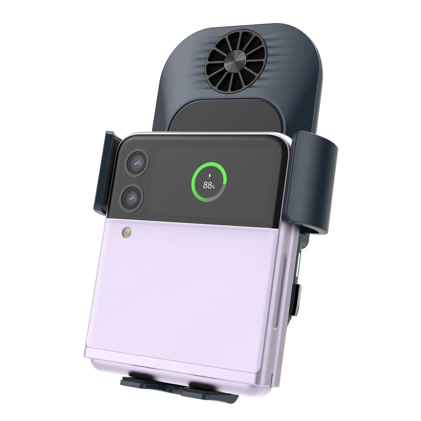 Black car wireless phone charger mounted on a vehicle air vent, showing phone held in auto-clamp.