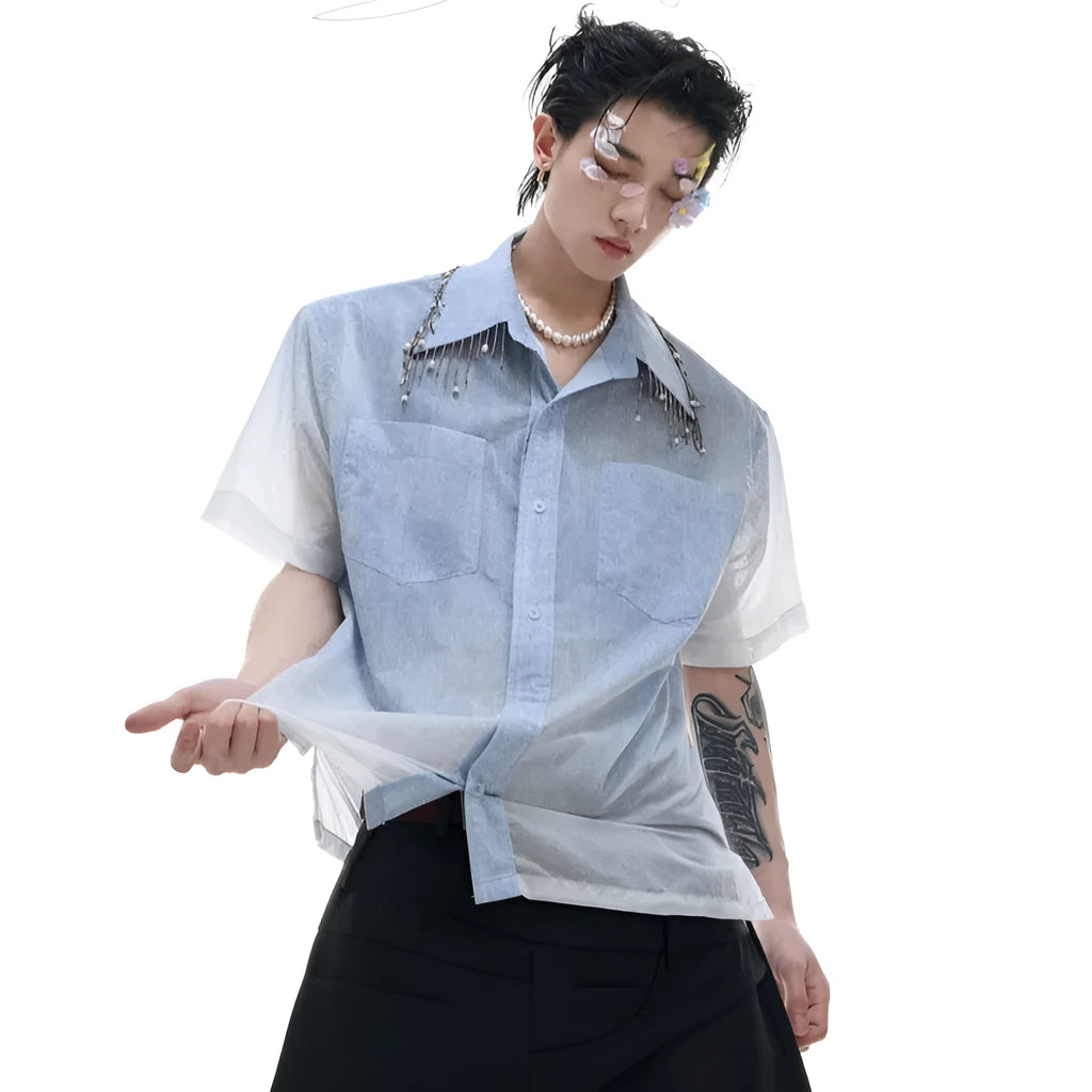 Man's blue and white gradient loose-fit short sleeve casual shirt